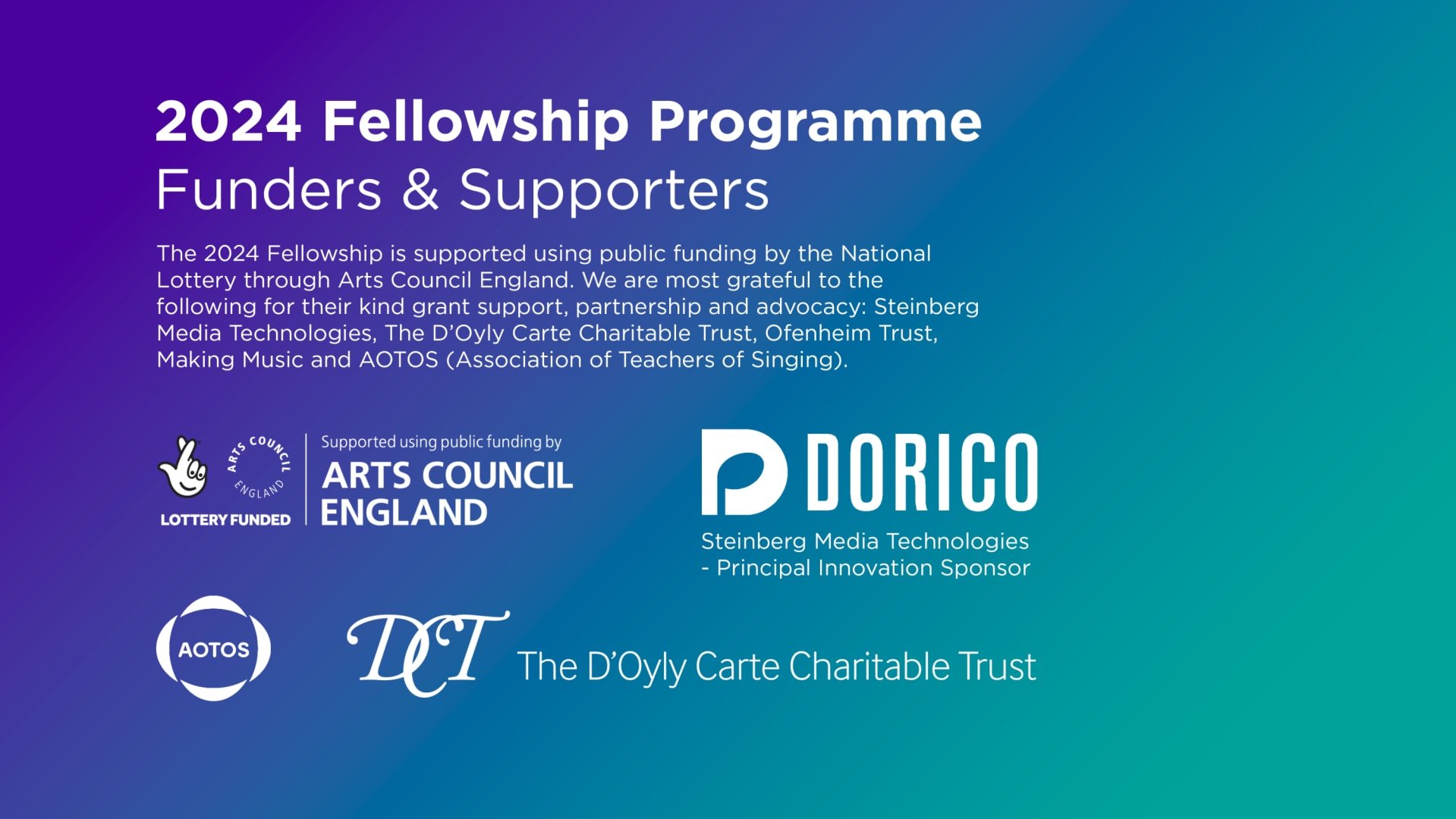 Acknowledgement of the supporters of the 2024 Fellowship scheme with logos for the Arts Council, Dorico, the D'Oyly Carte Charitable Trust and AOTOS