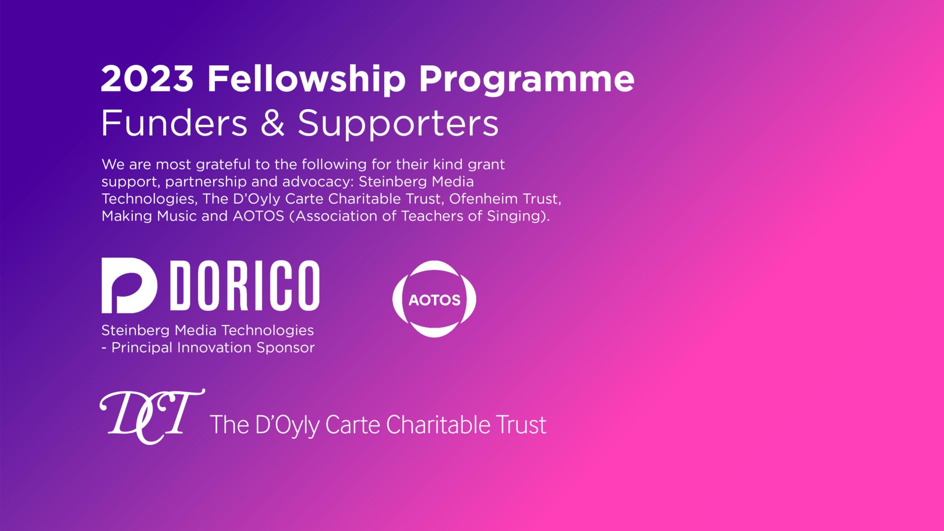 Sponsor credit with logos: We are most grateful to the following for their kind grant support, partnership and advocacy: Steinberg Media Technologies, The DOyly Carte Charitable Trust, Ofenheim Trust, Making Music and AOTOS (Association of Teachers o